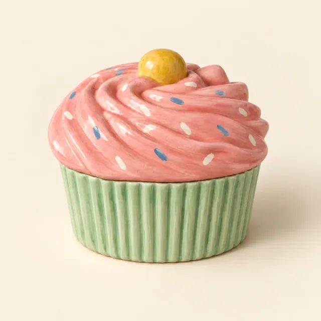 Cupcake box painted green with pink frosting, colourful sprinkles and a yellow cherry.