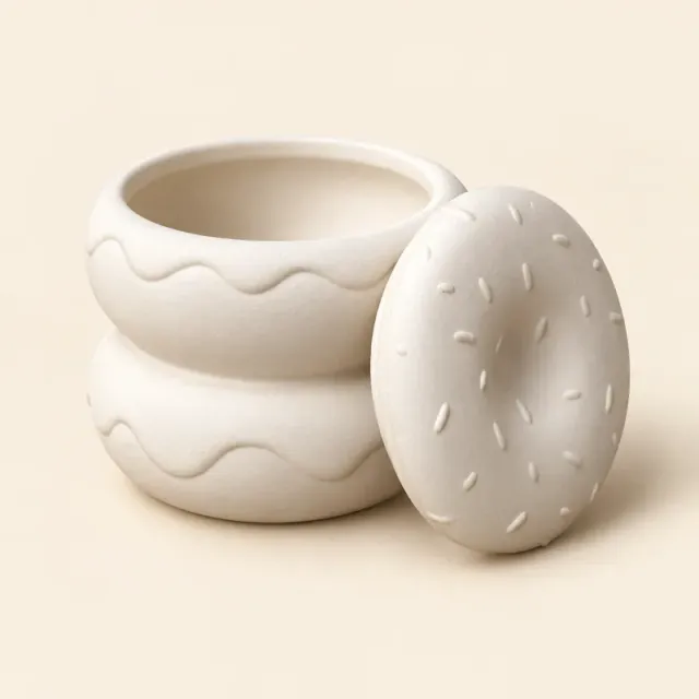 Unpainted white ceramic box made of two stacked doughnuts, with its sprinkled doughnut lid beside it