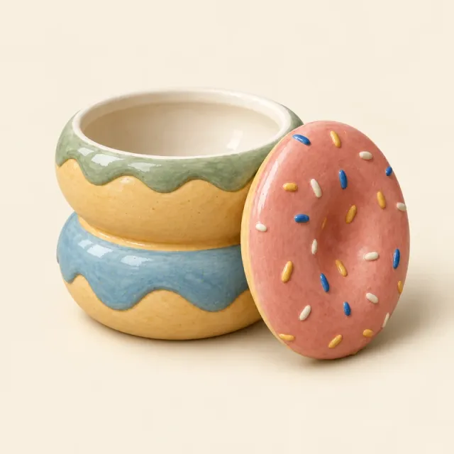 Doughnut box painted green and blue, with pink icing and colourful sprinkles on the lid.