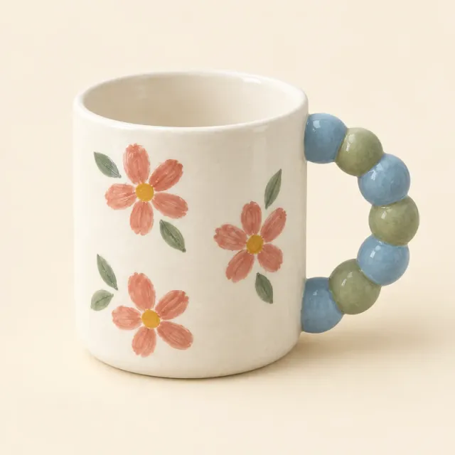 Ivory mug with small pink flowers and a bead handle painted blue and green.